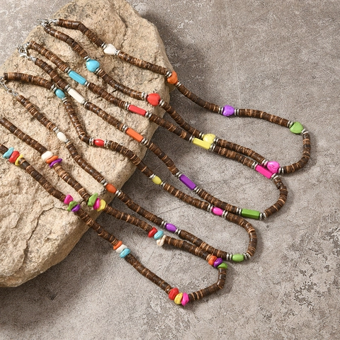 Bohemian Handgefertigte Halskette Aus Kokosnusschalenperlen Mit Bunten Herz- Geometrischen Steinakzenten Ethno Retro Kette Für Damen Herren