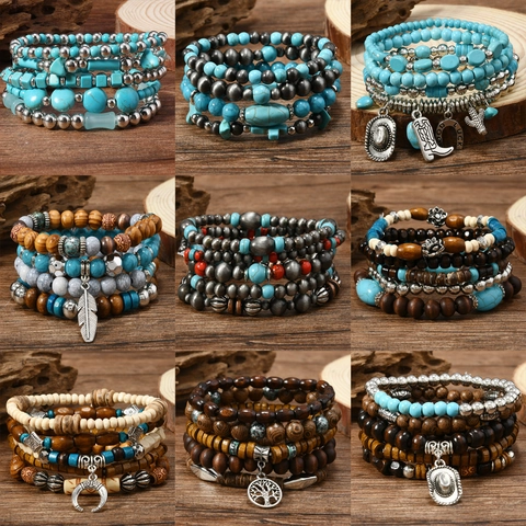 Böhmisches Mehrlagiges Perlenarmband Für Damen Herren Vintage Synthetik Türkis Holz Legierung Charms Ethnischer Schmuck