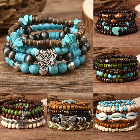 Boho Stapelbar Holz Perlen Armband Kollektion Für Damen Herren Vintage Türkis Legierung Schmetterling Charm Schmuck