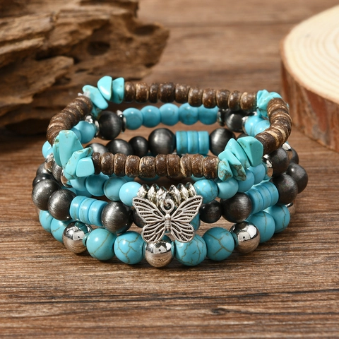 Boho Stapelbar Holz Perlen Armband Kollektion Für Damen Herren Vintage Türkis Legierung Schmetterling Charm Schmuck