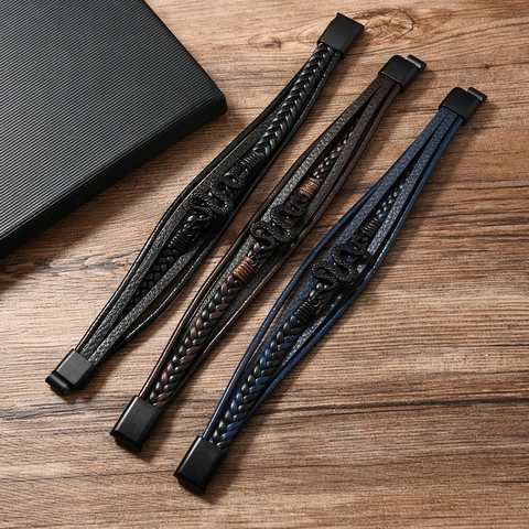 Men's Multi-layer Braided Leather Bracelet Retro Snake Charm Alloy Magnetic Clasp Punk Style Bangle Jewelry Gift For Men