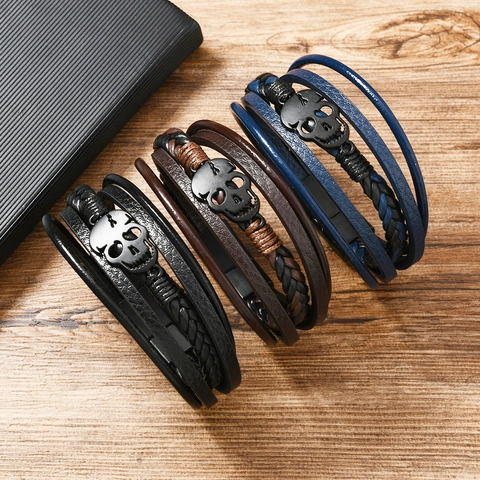 Punk Men Multi Layer Leather Bracelet Handmade Skull Metal Charm Vintage Rock Biker Hand Wrap With Magnetic Clasp