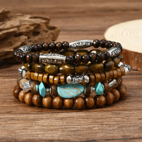 Bohemian Multi-layer Wood Bead Bracelet Set For Women Vintage Ethnic Stackable Bracelet With Tree Of Life Feather Turtle Pendants Artificial Turquoise Jewelry