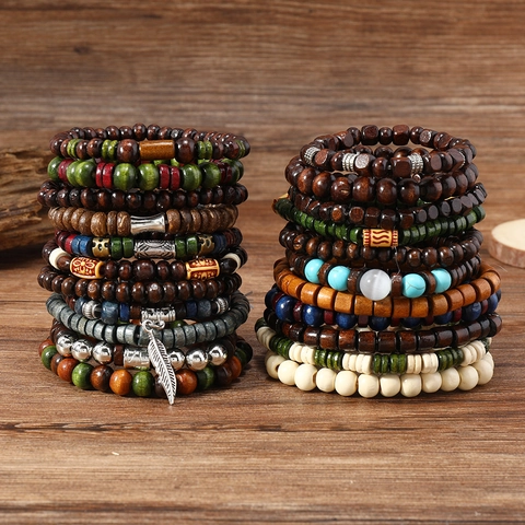 Bohemian Vintage Wood Bead Bracelet For Men Women Turquoise Stone Cat's Eye Alloy Feather Pendant Beaded Bracelet Jewelry