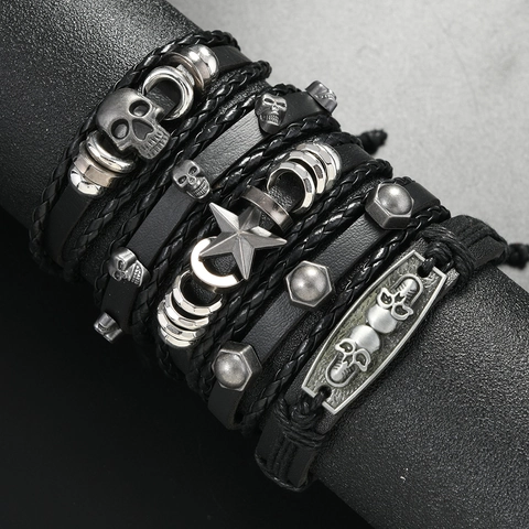 Collezione di Bracciali in Pelle da Uomo Punk Intrecciati a Mano Con Ciondoli in Lega a Forma di Teschio e Stella Gioielli Gothic Rock