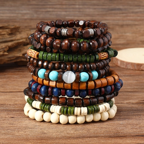 Bohemian Vintage Wood Bead Bracelet For Men Women Turquoise Stone Cat's Eye Alloy Feather Pendant Beaded Bracelet Jewelry
