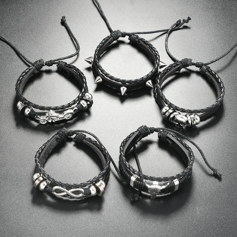 Braccialetti Intrecciati in Pelle Punk da Uomo Vintage Western Testa di Toro Moto Infinito Charms Polsino Multistrato