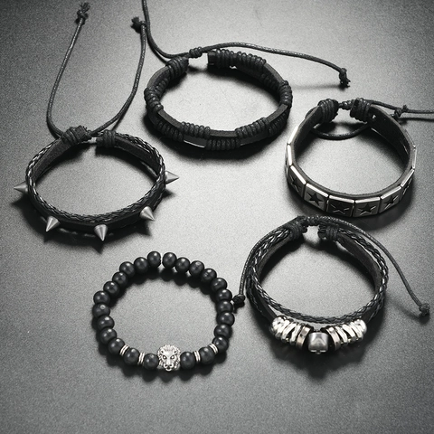 Herren Gothic Punk Armband Set Kunstleder Geflochtenes Seil Löwenkopf Totenkopf Stern Anhänger Verstellbarer Rock Schmuck