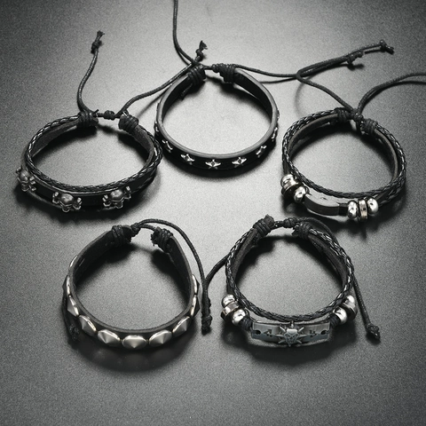 Men Punk Rock Multilayer Bracelet Set Artificial Leather Alloy Skull Rivet Charm Adjustable Handmade Woven Jewelry Wristband