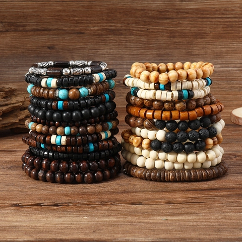 Bohemian Multilayer Beaded Bracelet For Women Men Wood Turquoise Volcanic Stone Ethnic Vintage Handmade Elastic Fashion Jewelry