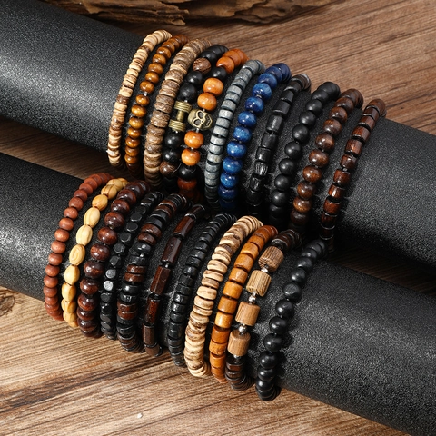 Vintage Houten Kralen Armband Set Voor Heren Dames Multi-layer Stapelbaar Etnisch Boheems Elastische Armbanden Met Schedel