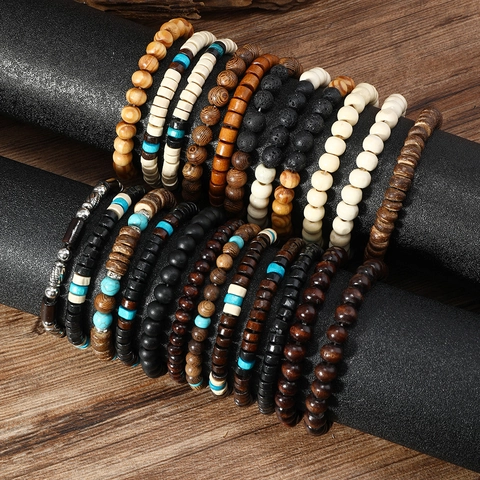 Bohemian Multilayer Beaded Bracelet For Women Men Wood Turquoise Volcanic Stone Ethnic Vintage Handmade Elastic Fashion Jewelry
