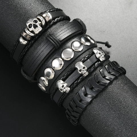 Vintage Skull Artificial Leather Bracelet For Men Punk Hip Hop Multi-layer Braided Wristband Adjustable Drip Oil Hand Jewelry Accessory