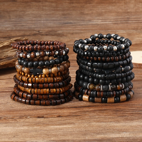 Vintage Wooden Beaded Bracelets Cross Charm Bracelet Retro Mixed Color Natural Stone Adjustable Unisex Fashion Jewelry