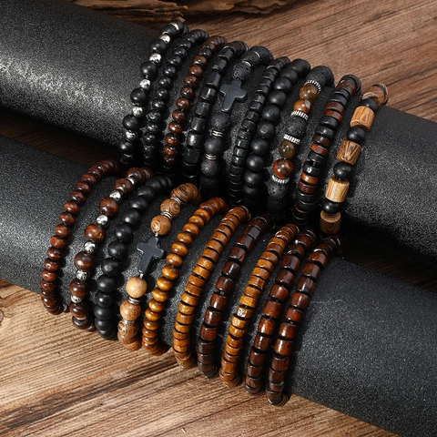 Vintage Wooden Beaded Bracelets Cross Charm Bracelet Retro Mixed Color Natural Stone Adjustable Unisex Fashion Jewelry