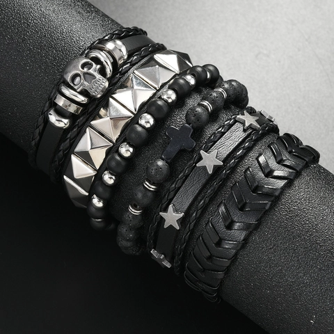 Punk Rock Multilayer Skull Star Studded Leather Bracelet For Men Handmade Woven Wax Cord Cross Lava Stone Beads Jewelry
