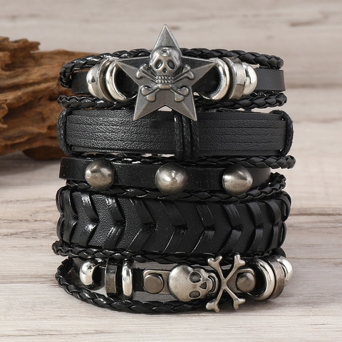 Set di Braccialetti in Pelle Multistrato Punk da Uomo Lega Teschio Pentagramma Stella Ciondolo Gioielli Rock Gotico Vintage Regalo