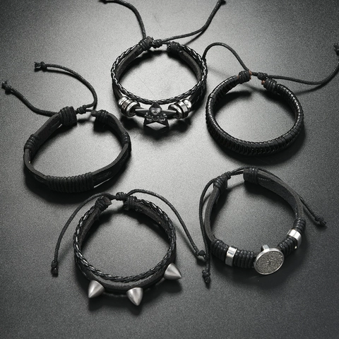 Herren Punk Lederarmband Geflochten Vintage Totenkopf Kreuz Stern Besetzt Verstellbar Gothic Religiöser Schmuck Handkette