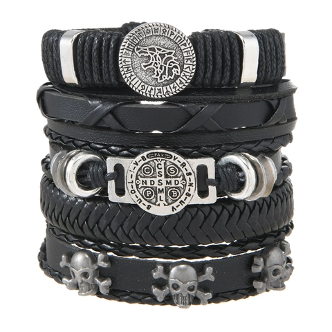 Bracciale Multistrato in Ecopelle Stile Punk per Uomo Vintage Testa di Lupo Croce Teschio Ciondolo Cinturino Intrecciato a Mano Gioielli Regalo