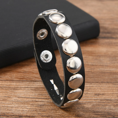 Punk Rock Round Rivet Artificial Leather Bracelet Gothic Adjustable Snap Button Bangle Fashion Jewelry For Men Women