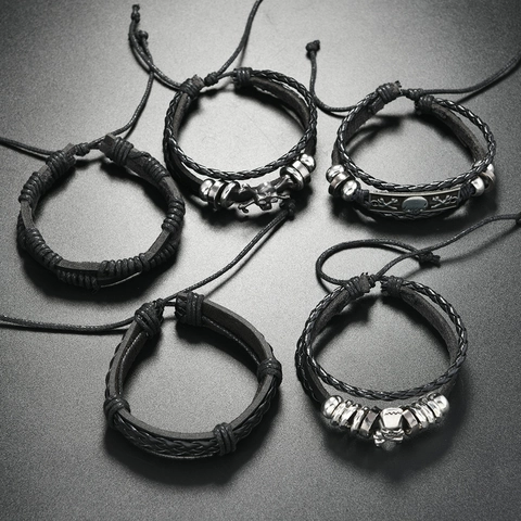 Men's Punk Black Leather Wrap Bracelet With Alloy Skull Crossbones Charms Handmade Braided Multi Layer Cord Wristband Jewelry