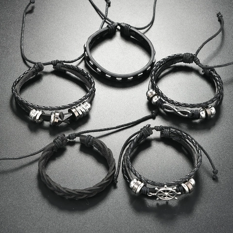 Herren Vintage Punk Mehrlagiges Geflochtenes Lederarmband Set Unendlichkeitssymbol Ruder Stern Legierung Anhänger Schmuck