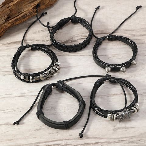 Men's Punk Hip Hop Leather Bracelet Collection Vintage Skull Star Rivet Multi-layer Woven Bracelets Gothic Rock Streetwear