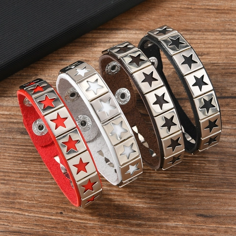 Punk Gothic Star Pentagram Leather Bracelet For Men Women Adjustable Metal Star Decoration Hip Hop Snap Button Wristband Jewelry