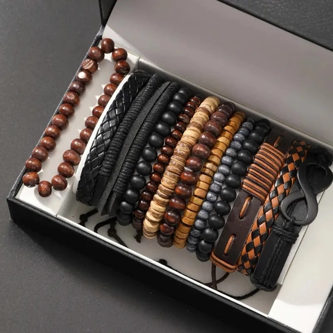 Set di Braccialetti in Legno e Pelle da Uomo Vintage Fatti a Mano Ciondolo Infinito Bracciale a Fascia Regolabile Gioielli