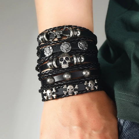 Vintage Punk Skull Leather Bracelets Multi-Layer Woven Rope Adjustable Gothic Skeleton Jewelry For Men Women