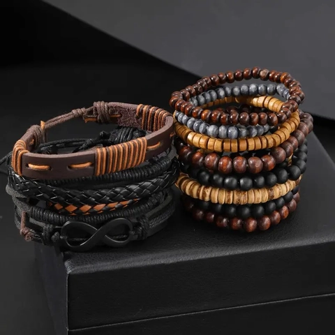 Set di Braccialetti in Legno e Pelle da Uomo Vintage Fatti a Mano Ciondolo Infinito Bracciale a Fascia Regolabile Gioielli