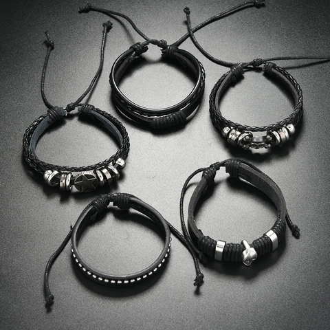 Herren Gothic Mehrlagig Geflochten Rindsleder Armband Set Vintage Punk Totenkopf Stern Metall Anhänger Verstellbar Schwarz PU Legierung Schmuck