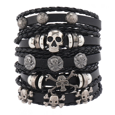 Vintage Punk Skull Leather Bracelets Multi-Layer Woven Rope Adjustable Gothic Skeleton Jewelry For Men Women