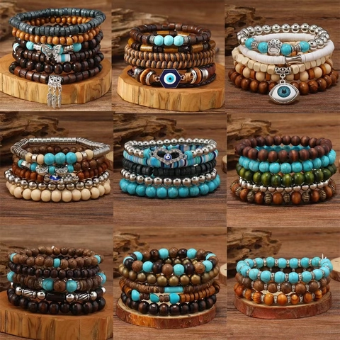 Vintage Bohemian Mehrlagiges Holzperlen Armband Für Damen Herren Legierung Lebensbaum Böser Blick Künstlicher Türkis Ethno Schmuck
