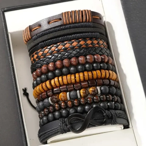 12Pcs Vintage Men Multilayer Bracelet Set Leather Wood Beaded Tiger Eye Stone Infinity Symbol Feather Bull Head Bohemian Punk Hand Wrist Jewelry