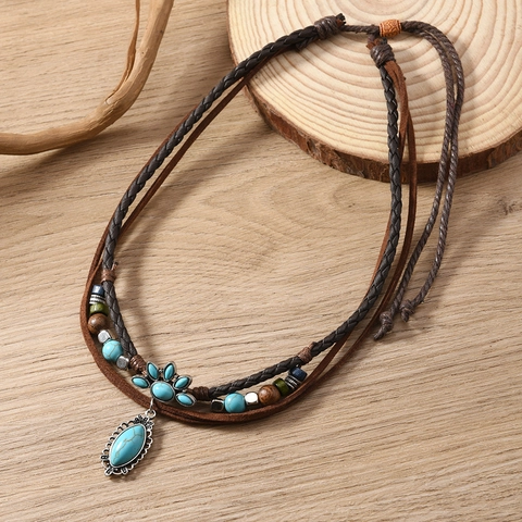 Collana Multistrato Boema in Turchese Artificiale per Donna Gioielli Fatti a Mano in Lega di Cordino Cerato Stile Etnico