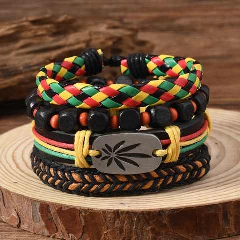 Braccialetti in Pelle Intrecciata Multistrato Stile Reggae Giamaica Multicolore Legno Lega Ciondolo Foglia Fatto a Mano Gioielli Etnici Retro