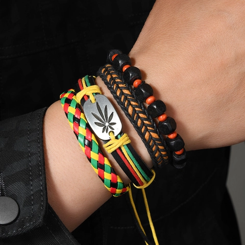 Braccialetti in Pelle Intrecciata Multistrato Stile Reggae Giamaica Multicolore Legno Lega Ciondolo Foglia Fatto a Mano Gioielli Etnici Retro