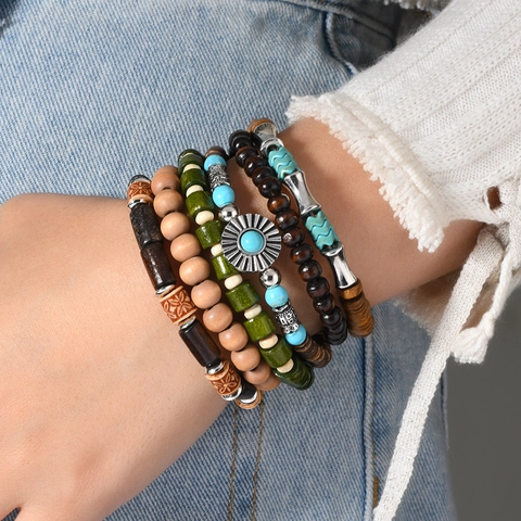 Bohemian Beaded Bracelet For Women Ethnic Vintage Wood Coconut Shell Alloy Turquoise Stretch Wristband Jewelry Gift