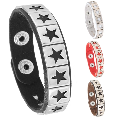 Punk Gothic Star Pentagram Leather Bracelet For Men Women Adjustable Metal Star Decoration Hip Hop Snap Button Wristband Jewelry