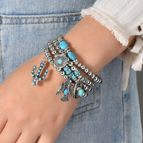 Bohemian Multi-Layer Alloy Beaded Bracelet Set With Artificial Turquoise Cactus Eagle Cowboy Hat Pendants For Women Ethnic Jewelry