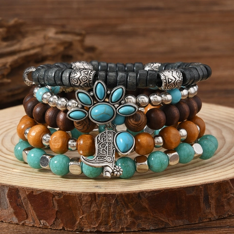Pulsera Bohemia con Cuentas para Mujer Hombre Aleación Madera Piedra Artificial Dijes Bota Elefante Joyería Vintage