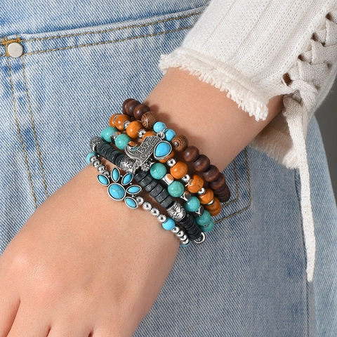 Pulsera Bohemia con Cuentas para Mujer Hombre Aleación Madera Piedra Artificial Dijes Bota Elefante Joyería Vintage