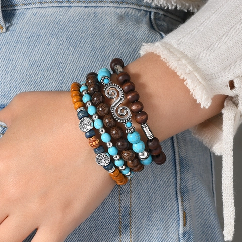 Bracciale Multistrato in Perline con Albero della Vita Stile Boho per Uomo Donna Gioielli Elastici in Legno e Lega Vintage