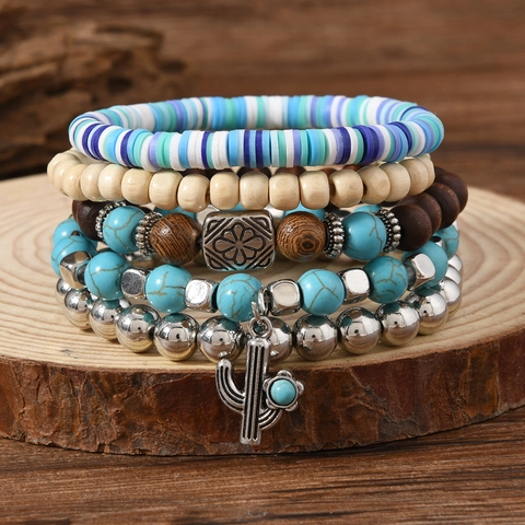 Retro Bohemian Beaded Bracelet Collection For Women Cactus Pendant Turquoise Wood Polymer Clay Heishi Beads Ethnic Jewelry