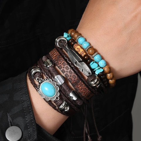 Vintage Bohemian Layered Armband Set Für Damen 6Stück Legierung Leder Feder Herz Blatt Türkis Perlen Gewebte Ethno Wickelarmbänder