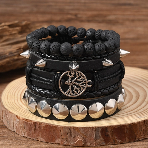 Men's Punk Multilayer Leather Bracelet Set Tree Of Life Lava Stone Beads Handwoven Adjustable Retro Bracelet Jewelry Gift