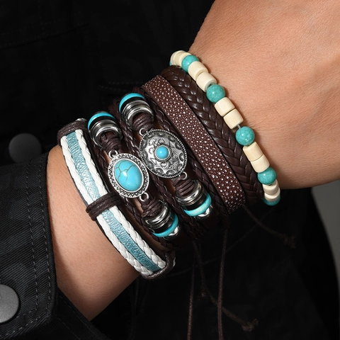 Set di Braccialetti Multistrato in Pelle Fatti a Mano Bohemien per Donna Uomo Lega Vintage Perline in Legno Turchese Gioielli Etnici