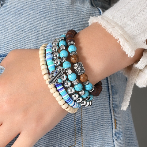 Retro Bohemian Beaded Bracelet Collection For Women Cactus Pendant Turquoise Wood Polymer Clay Heishi Beads Ethnic Jewelry