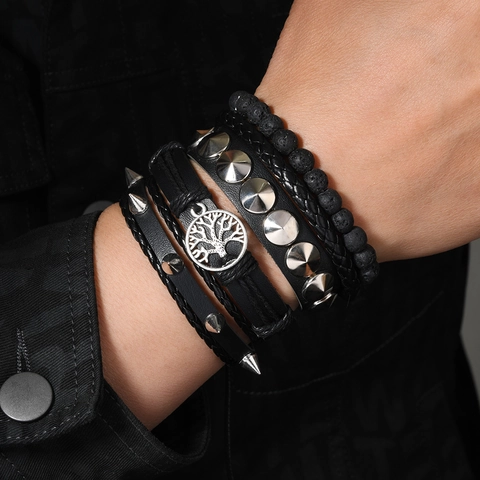 Men's Punk Multilayer Leather Bracelet Set Tree Of Life Lava Stone Beads Handwoven Adjustable Retro Bracelet Jewelry Gift